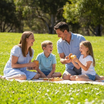 Family enjoying a picnic at Pinky Flat, Adelaide