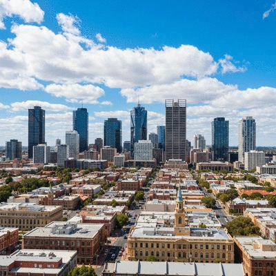Panoramic view of Adelaide city skyline with diverse neighborhoods