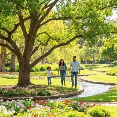 Family with young children exploring a beautiful park in Adelaide, happy and engaged