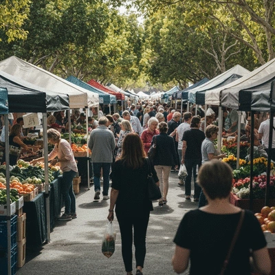 Vibrant local market in Adelaide with fresh produce and diverse people