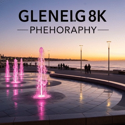 Coastal sunset view at Glenelg foreshore with families walking and fountains glowing