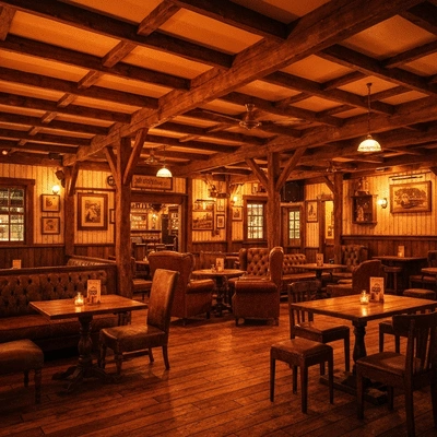 Cozy rustic pub interior in Adelaide Hills with warm lighting