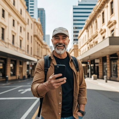 Tourist using a smartphone to check attraction opening times in a sunny Adelaide street