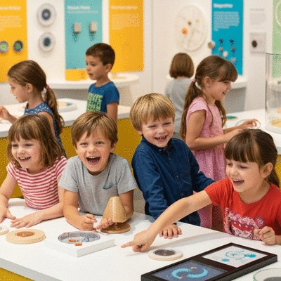 Children laughing and playing at an interactive exhibit