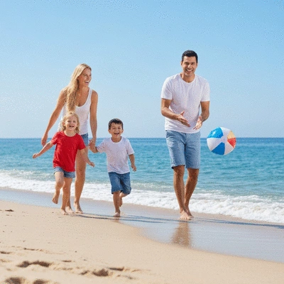 Family playing on a sunny sandy beach with calm blue water