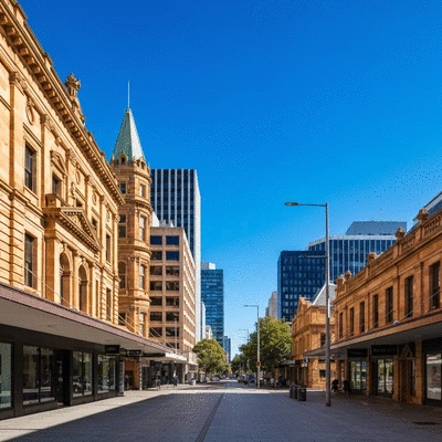 Modern pedestrian street with historical architecture in Adelaide CBD