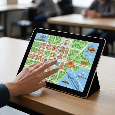 High-angle shot of a person pointing at an interactive map showing Adelaide landmarks