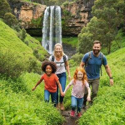 Family enjoying a scenic hike at Waterfall Gully, Adelaide, with lush greenery and a waterfall in the background
