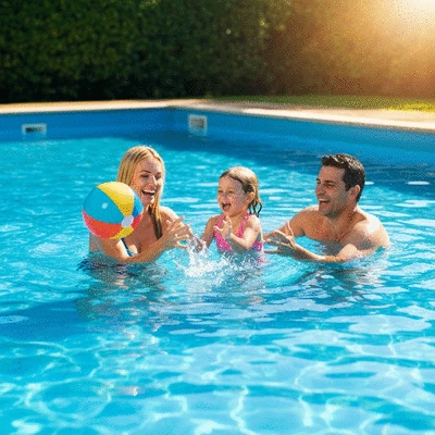 Happy family playing with beach ball in a bright sunny swimming pool