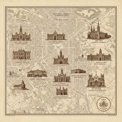 Vintage map of Adelaide with historical landmarks highlighted