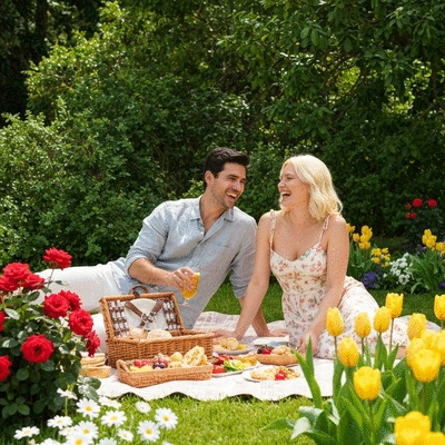 Couple having a romantic picnic in a lush botanic garden