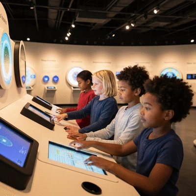 Children exploring colorful interactive science exhibit in a modern museum