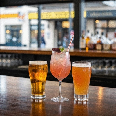 Craft cocktails and artisan beers on a bar top in Adelaide, vibrant nightlife, blurred background, no text, no words, no typography, clean image