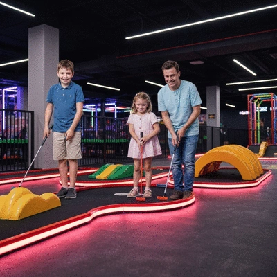 Family playing mini golf at an indoor center with colorful neon lights