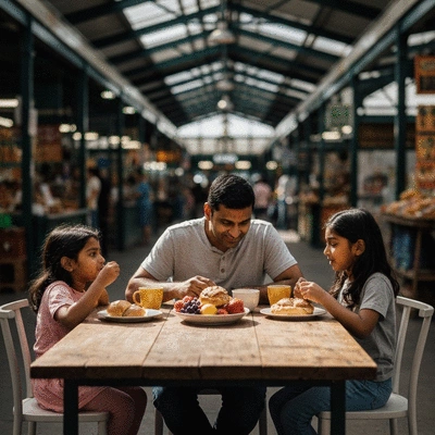 Family enjoying fresh breakfast at the Adelaide Central Market