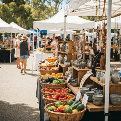 Lively outdoor market scene with artisanal crafts in Adelaide