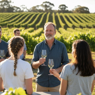 People enjoying a wine tasting in an underrated Adelaide Hills winery, scenic vineyard background, natural lighting, no text, no words, no typography, clean image