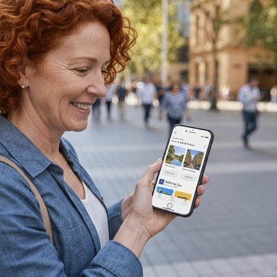 Person using a mobile app to book tours in Adelaide