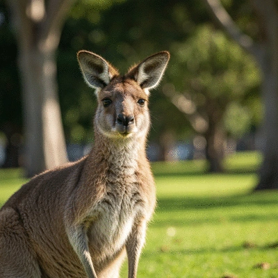 A close-up of a friendly kangaroo being hand-fed in a natural Australian park setting