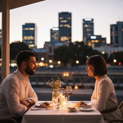 Couple enjoying a romantic dinner in Adelaide with city lights in background