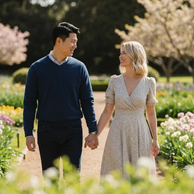 Couple holding hands strolling through a beautiful garden in Adelaide