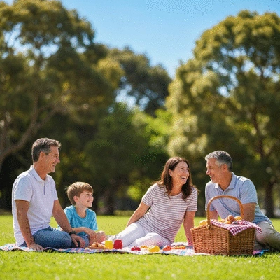 Family having a picnic in a sunny Adelaide park
