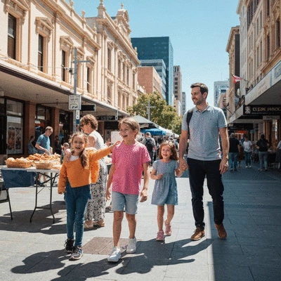 Family exploring a vibrant Adelaide city street, full of energy and local culture, no text, no words, no typography, 8K