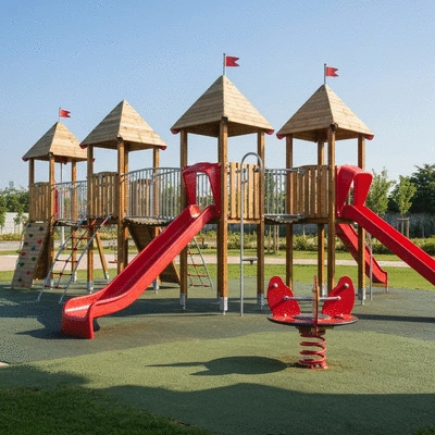 Children playing on a modern wooden playground structure
