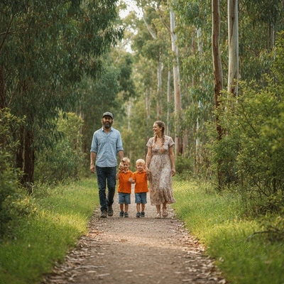 Family walking on a well-maintained nature trail in a lush green park