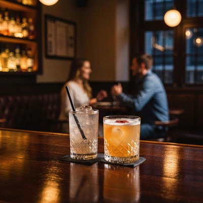 Couple enjoying cocktails at a cozy modern bar in Adelaide