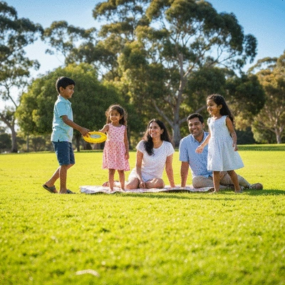 Family enjoying a sunny day at an Adelaide park with picnic basket