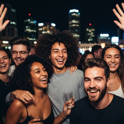 Group of friends enjoying Adelaide nightlife, laughing, vibrant atmosphere, city lights in background, no text, no words, no typography, clean image